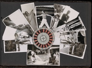 This page from one of H.D.'s scrapbooks features 10 images of men in bathing suits and beach wear and H.D. in a sun hat, arrayed in a fan around a black, red, and white roulette wheel. One image centered at the bottom of the page shows H.D. and what appears to be Kenneth Macpherson seated at a small table with steps and other cafe tables behind. These images most likely record their trip to Monte Carlo and include images of Robert Herring as well as Macpherson, described in Herring's books, Cactus Coast (Imprimerie Darantiere, 1934). [Note on image by Celena Kusch]. Photo from Yale Collection of American Literature. Beinecke Rare Book and Manuscript Library.