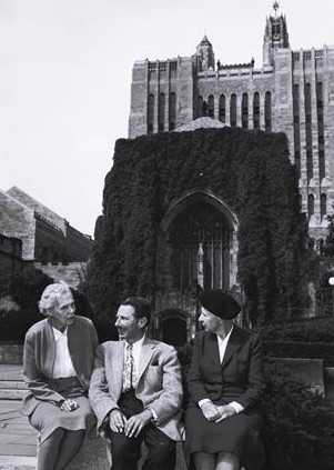 H.D. at Yale Sept 1956 with Norman Holmes Pearson and Bryher in front of Sterling Library. Image from Beinecke Library Digital Collections. H.D. Papers.