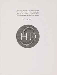 Hedgehog colophon, 1925. Image features HD's monograph interlaced with branches. Photo from Beinecke Library Digital Collections.
