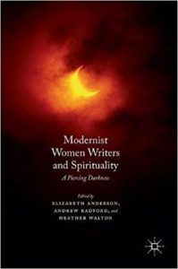 Book Cover for Modernist Women Writers and Spirituality, featuring a glowing moon in a cloudy sky. 